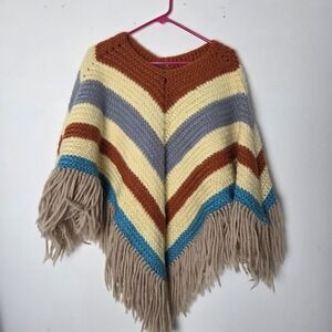 VTG Handmade Crochet Striped Poncho - Boho Hippie Chevron Shawl with Fringe